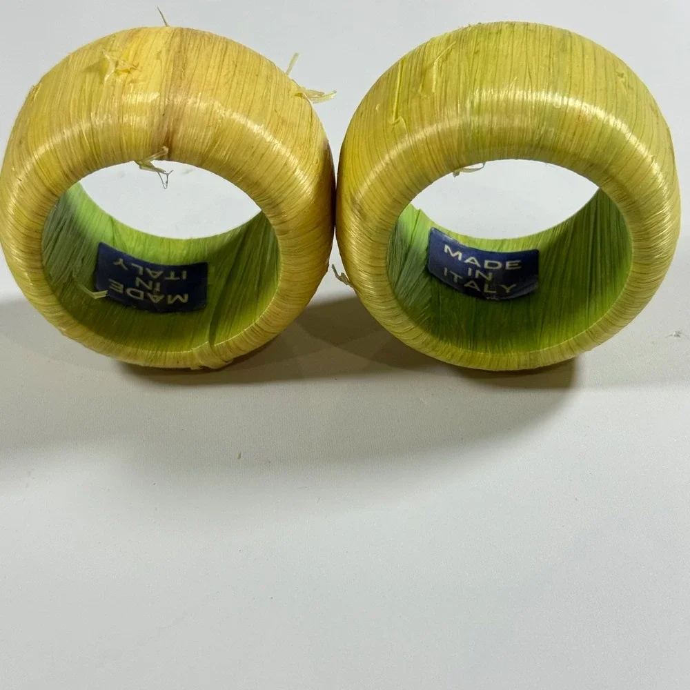 VTG Raffia Napkin‎ Rings Set of 2 Yellow Green OS Excellent Boho Coastal Decor